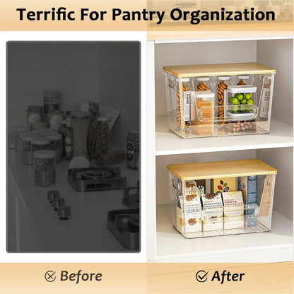 2-Pack Clear Stackable Kitchen Pantry Organizers with Bamboo Top - Durable PET Storage Bins for Onions, Potatoes, Fruits, Vegetables | Space-Saving Design, Ventilation & Easy Access, Pantry Organizers And Storage, Produce Organizer, Transparent Organizer,