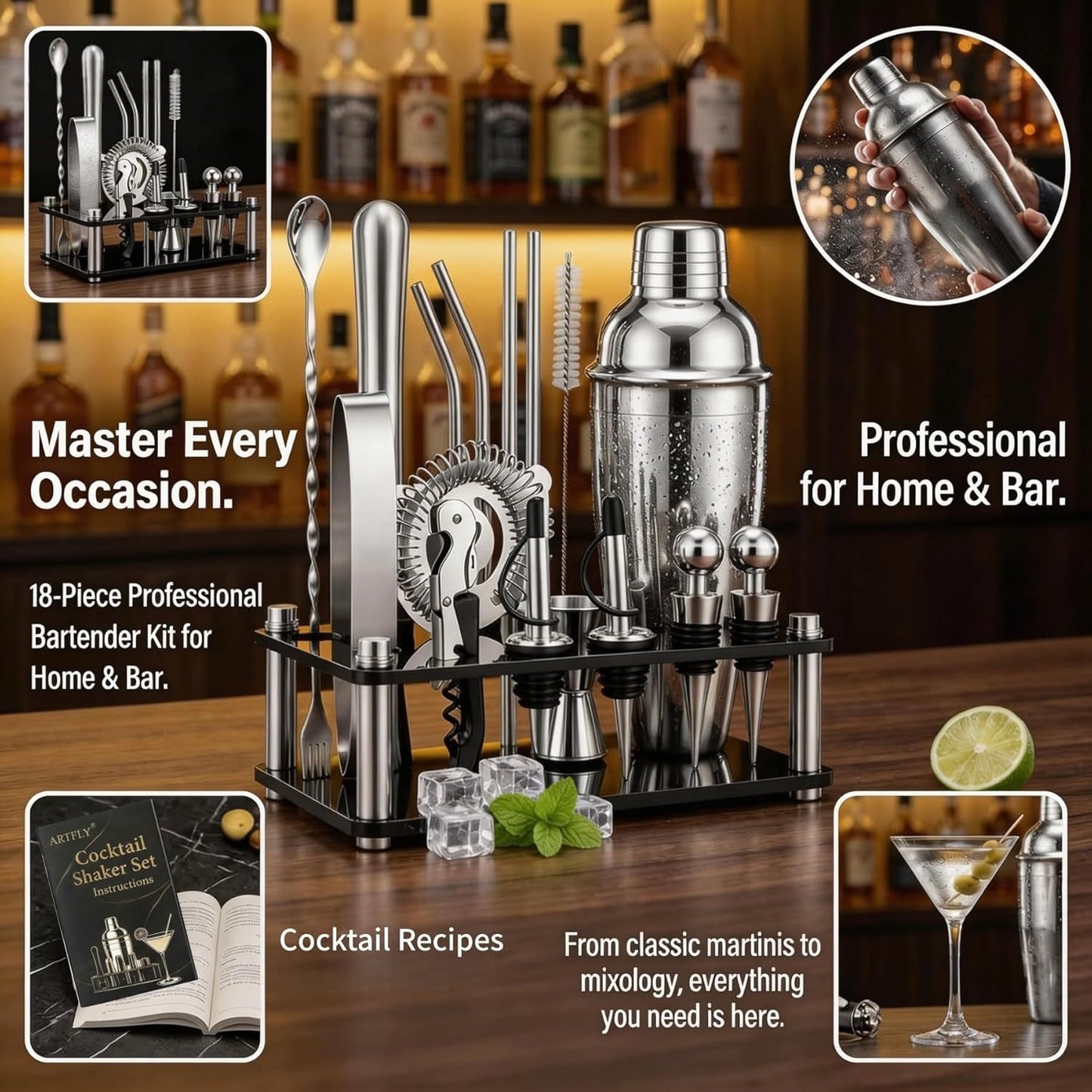18-Piece Bartender Kit with Acrylic Stand, 18/8 Stainless Steel Bar Set with Martini Shaker, Jigger, Muddler & Recipe Book for Home Bar