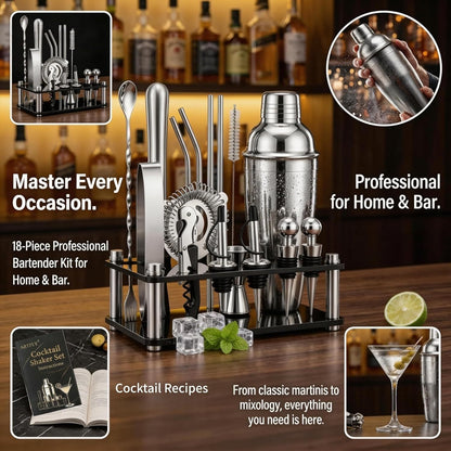 18-Piece Bartender Kit with Acrylic Stand, 18/8 Stainless Steel Bar Set with Martini Shaker, Jigger, Muddler & Recipe Book for Home Bar