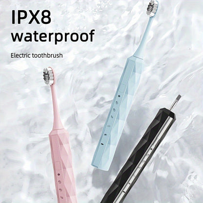 Sonic Electric Toothbrush IPX8 Waterproof – USB Rechargeable, Smart Timer, Metal Handle, 5 Replacement Brush Heads, Soft Bristles for Adults Men & Women – Black & Blue