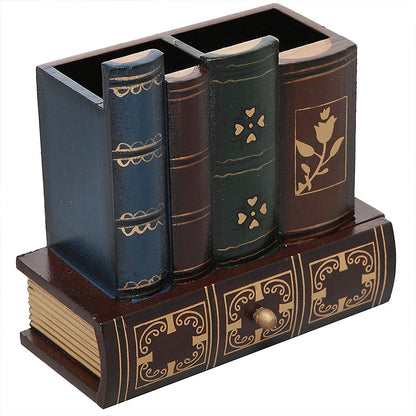 Wooden Pen Holder with Drawer Book-Shaped Desk Organizer, Vintage Retro Wood Desktop Storage Box with Hidden Drawer for Pens Pencils Remote Control, Decorative Office Home Study Room Gift