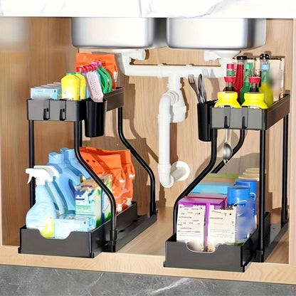 1pc Under Sink Organizer, 2 Tier Sliding Cabinet Basket Organizer With Hooks, Multifunctional Under Sink Organizer For Bathroom Kitchen, Shelves