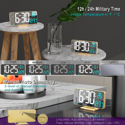 Large Digital Alarm Clock 6.7" with Dual Alarm & Dimmable LED Display – USB Powered Desk Clock with Temperature, Date & Day of Week | Modern Golden Bedside Clock for Bedroom, Living Room & Office