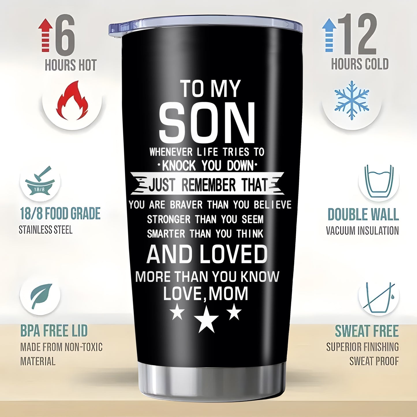 1pc 20oz Back to School Gift for Son Tumbler From Mom, Inspirational Encouragement Quote Travel Mug, College Dorm High School Moving Away Present for Young Men, Insulated Stainless Steel Car Cup
