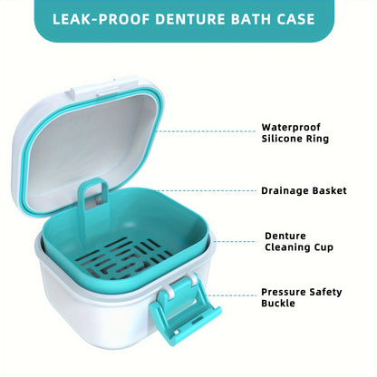 1-Pack Leak-Proof Denture Bath Case with Drainage Basket & Silicone Ring - Portable Travel Denture Cleaner Cup, Pressure-Resistant Denture Storage Container with Safety Buckle for Home & Travel