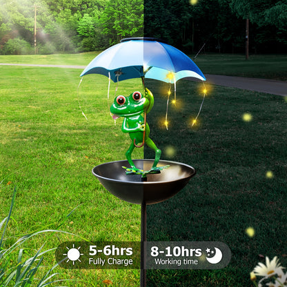 Garden Decor for Outside Solar Outdoor Lights, Wild Bird Feeder, Iron Frog with Umbrella with LED Lights, Valentines Gifts, Ideal for Patios, Lawns, Pathways, Decks