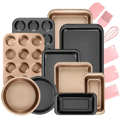 2/6/7/8/12/16/18pcs Non-Stick Baking Pan Set for Kitchen Oven, Baking Set with Round/Square Cake Pans, Bread Bags, Muffin Cups, Pizza Pan, Bread Scraper, Whisk, Spatula, Wire Rack, Measuring Spoon, Muffin Pan, Bread Pan, Baking Sheet, Cookie Sheet