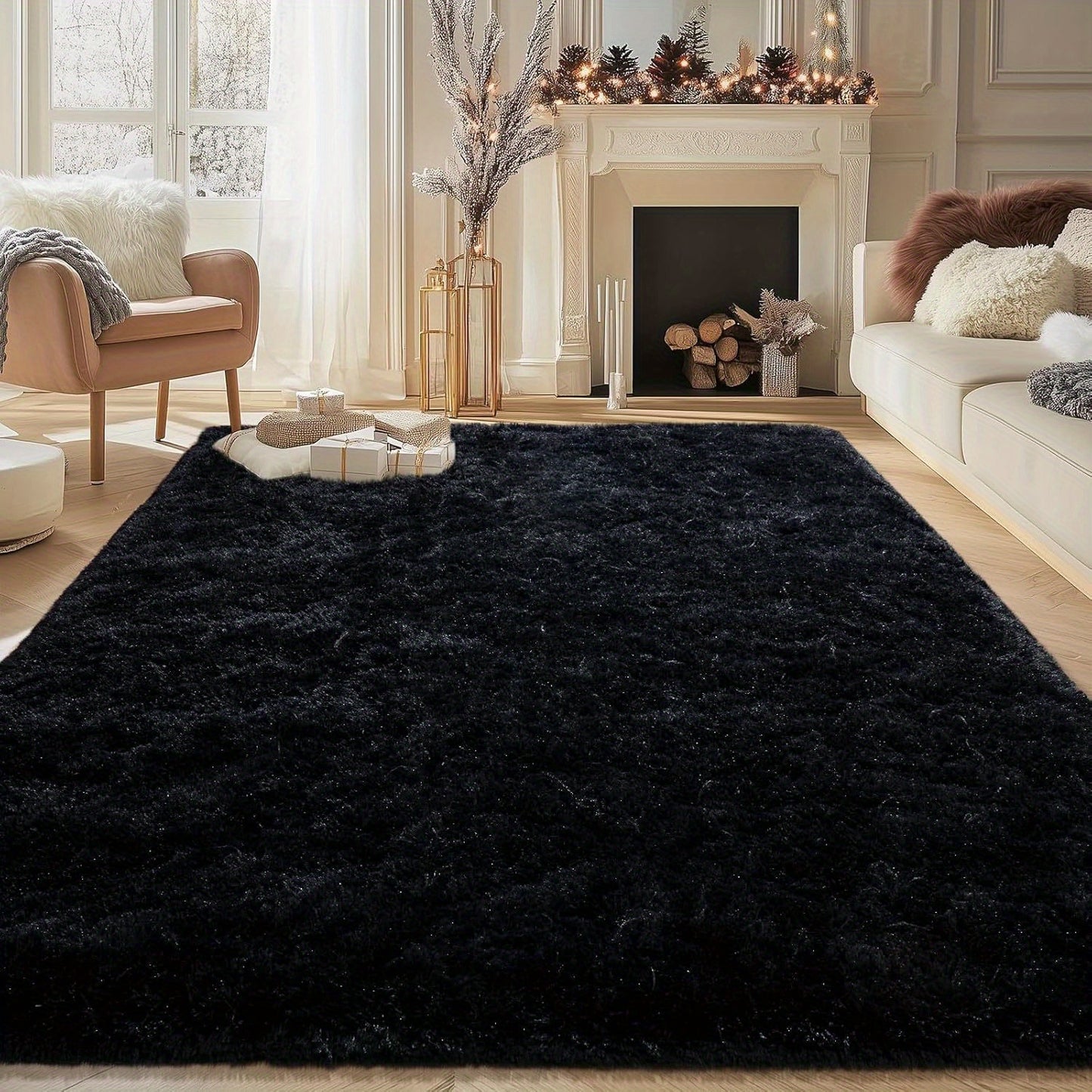 Fluffy Bedroom Rug Carpet Shaggy Fuzzy Rugs for Bedroom, Soft Rug for Room, Thick Black Area Rugs for Living Room, Cute Room Decor