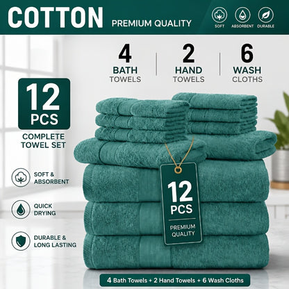 Luxury 12/24pcs Bath Cloths Set, Hotel Quality Thick Bath Cloths | Highly Absorbent & Quick-Dry | 4 Bath Cloths & 6 Hand & 2 Washcloths, Cotton For Hotel Spa Gym & Home Bathroom Essentials, Wash Cloths