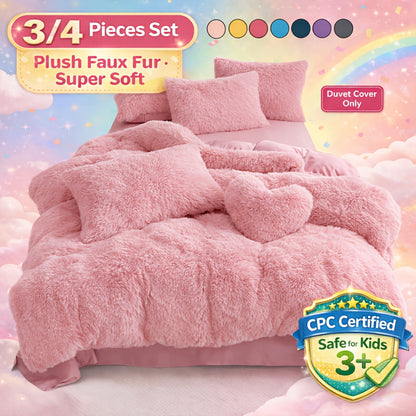 3/4pcs Plush Faux Fur Comforter Cover Set for Kids & Teens - Includes Pillowcases + Plush Heart Pillow - Twin/ Queen/ King Sizes - Super Soft, Warm, Machine Washable (Duvet Cover Only, No Comforter)