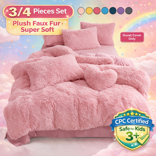 3/4pcs Plush Faux Fur Comforter Cover Set for Kids & Teens - Includes Pillowcases + Plush Heart Pillow - Twin/ Queen/ King Sizes - Super Soft, Warm, Machine Washable (Duvet Cover Only, No Comforter)
