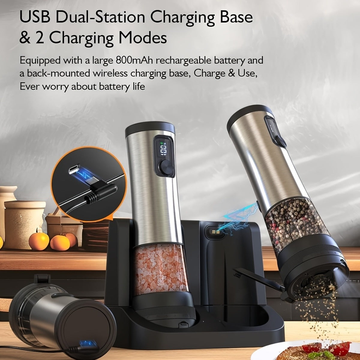 [Kitchen Gift] Rechargeable Electric Salt And Pepper Grinder Set - Extra Large Capacity With Base - Automatic Pepper And Sea Salt Grinder Set With Adjustable Roughness And LED Display - Kitchen Gift