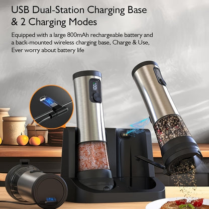 [Kitchen Gift] Rechargeable Electric Salt And Pepper Grinder Set - Extra Large Capacity With Base - Automatic Pepper And Sea Salt Grinder Set With Adjustable Roughness And LED Display - Kitchen Gift
