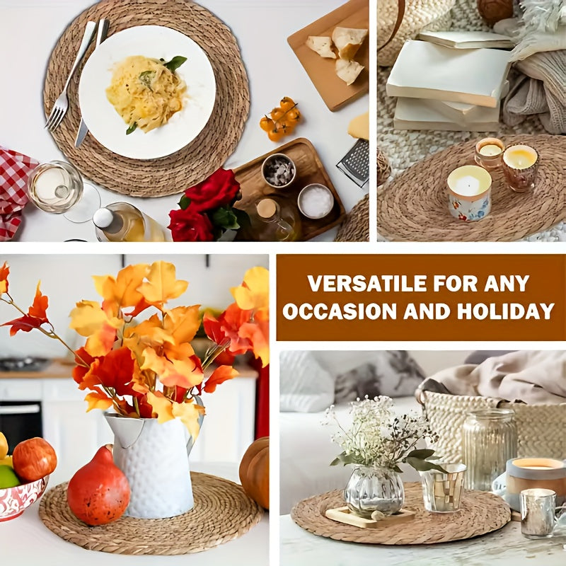 12pcs Natural Rattan Table Mats - Heat-Resistant Non-Slip Round Placemats, 11.8 Inches Rustic Bohemian Wicker Heat-Resistant Dish Mats for Kitchen & Dining Table, Holiday Party Decor (Christmas, Thanksgiving, Easter, Valentine'S
