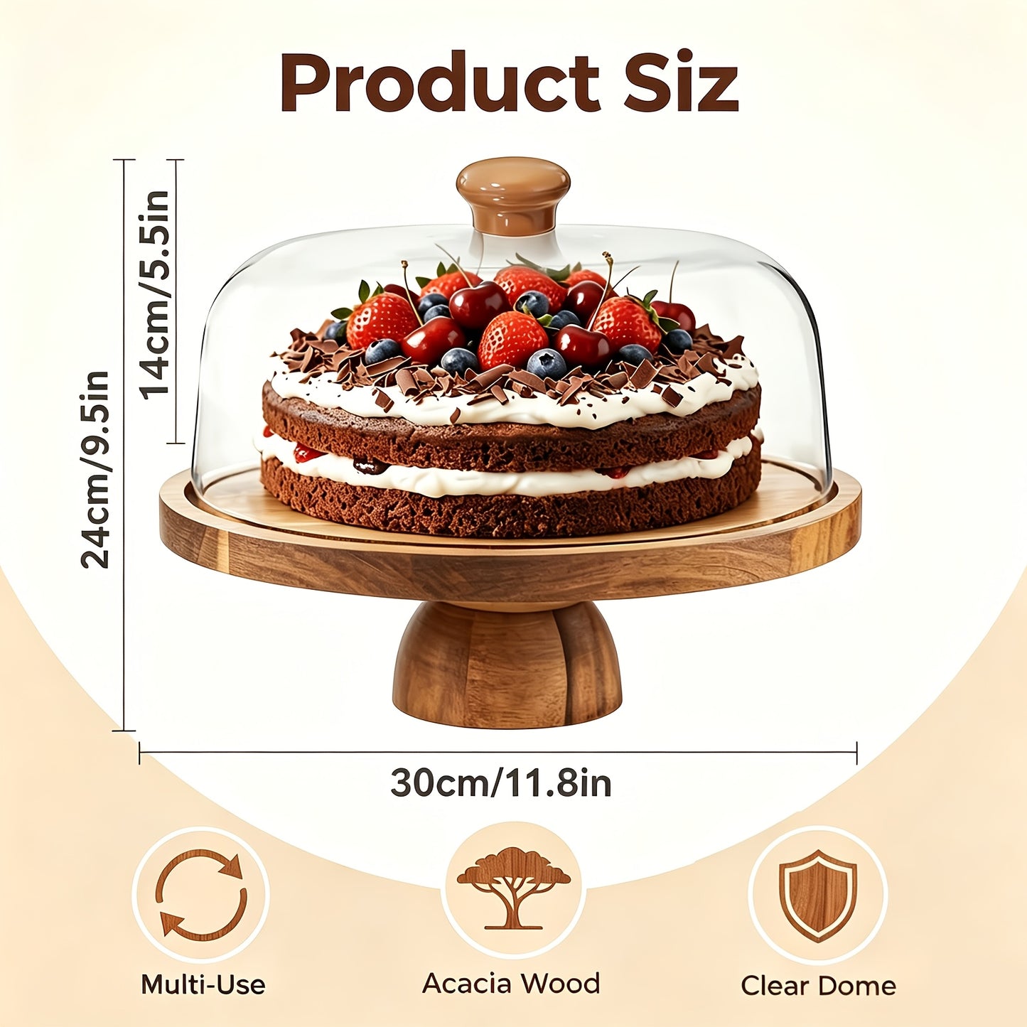 Cake Stand with Acrylic Dome Lid 2-in-1, Multifunctional Round Shatterproof Dessert Table Display Set with Acacia Wood Serving Platter, Veggie Tray, Fruit Bowl - Party Cake Display, Ideal for Cheese, Chips, Dips Platter, Perfect for Gift