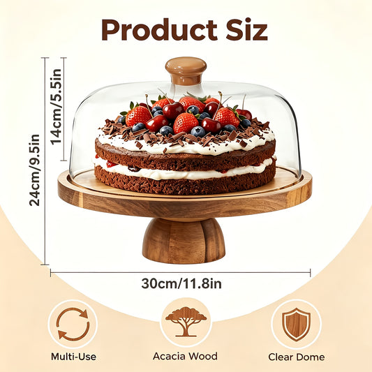 Cake Stand with Acrylic Dome Lid – Acacia Wood Serving Platter 2-in-1 Round Shatterproof Dessert Display Tray for Cheese Charcuterie Fruit Veggie Chips Party Table Centerpiece Holiday Gift