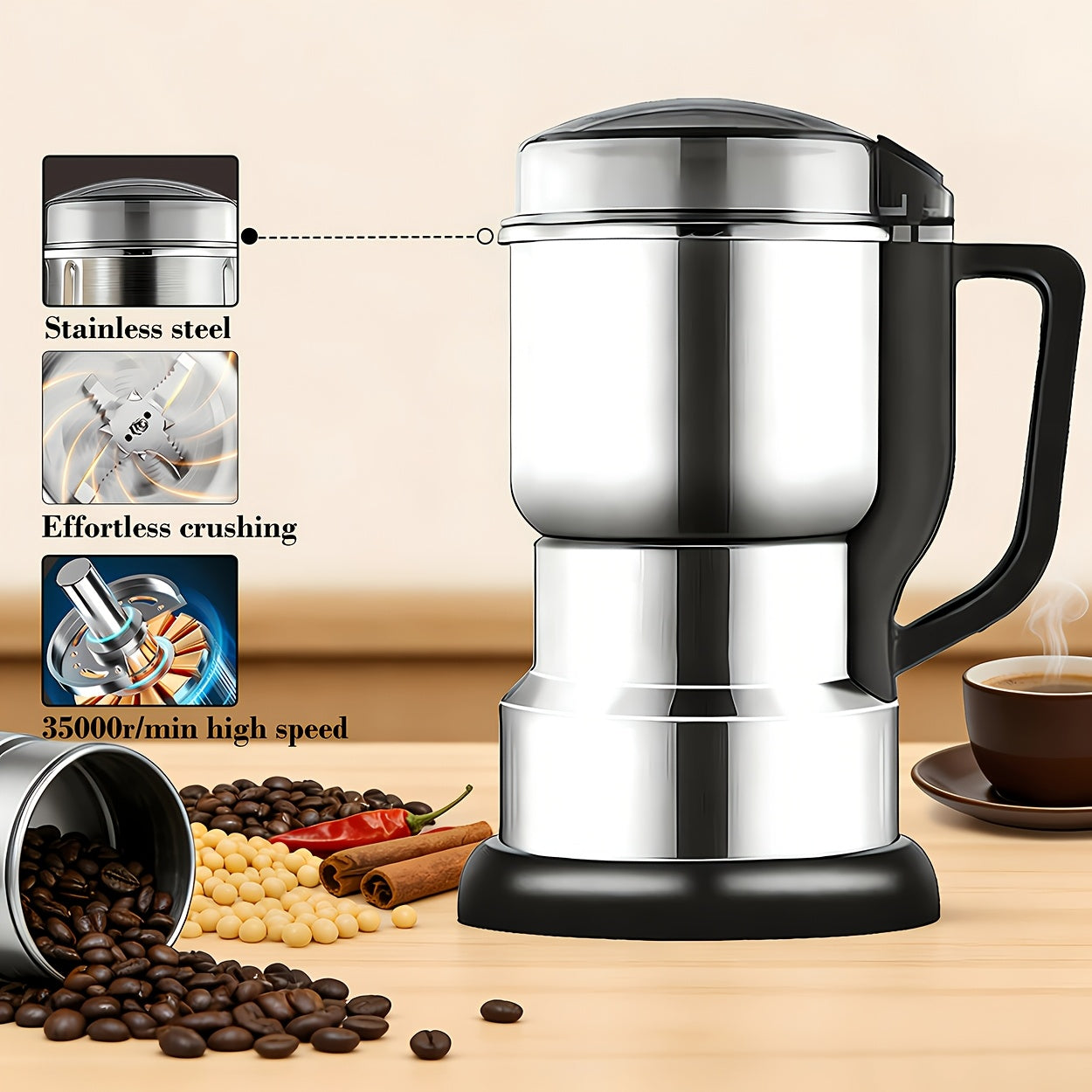1 Large Multifunctional Electric Grinder | 300W High-power Coffee Grinder, 304 Stainless Steel, American Plug, Suitable for Grinding Ingredients, Coffee Beans, Seasonings, Multi-functional Kitchen Gadget
