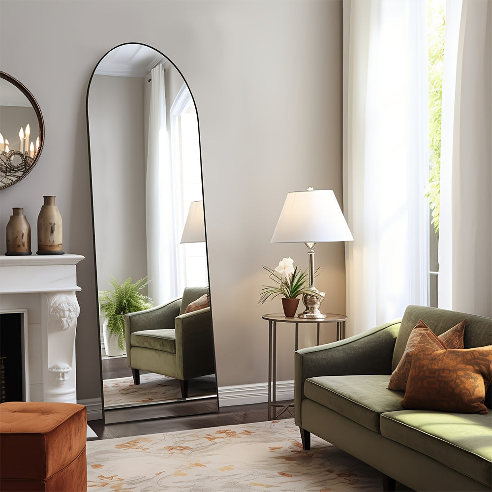 LED Lighted/Not-LED Lighted Full-Length Mirror with Arched/Rect Top - Aluminum Frame Floor-Standing Dressing Mirror for Bedroom & Living Room, Black/Golden/White