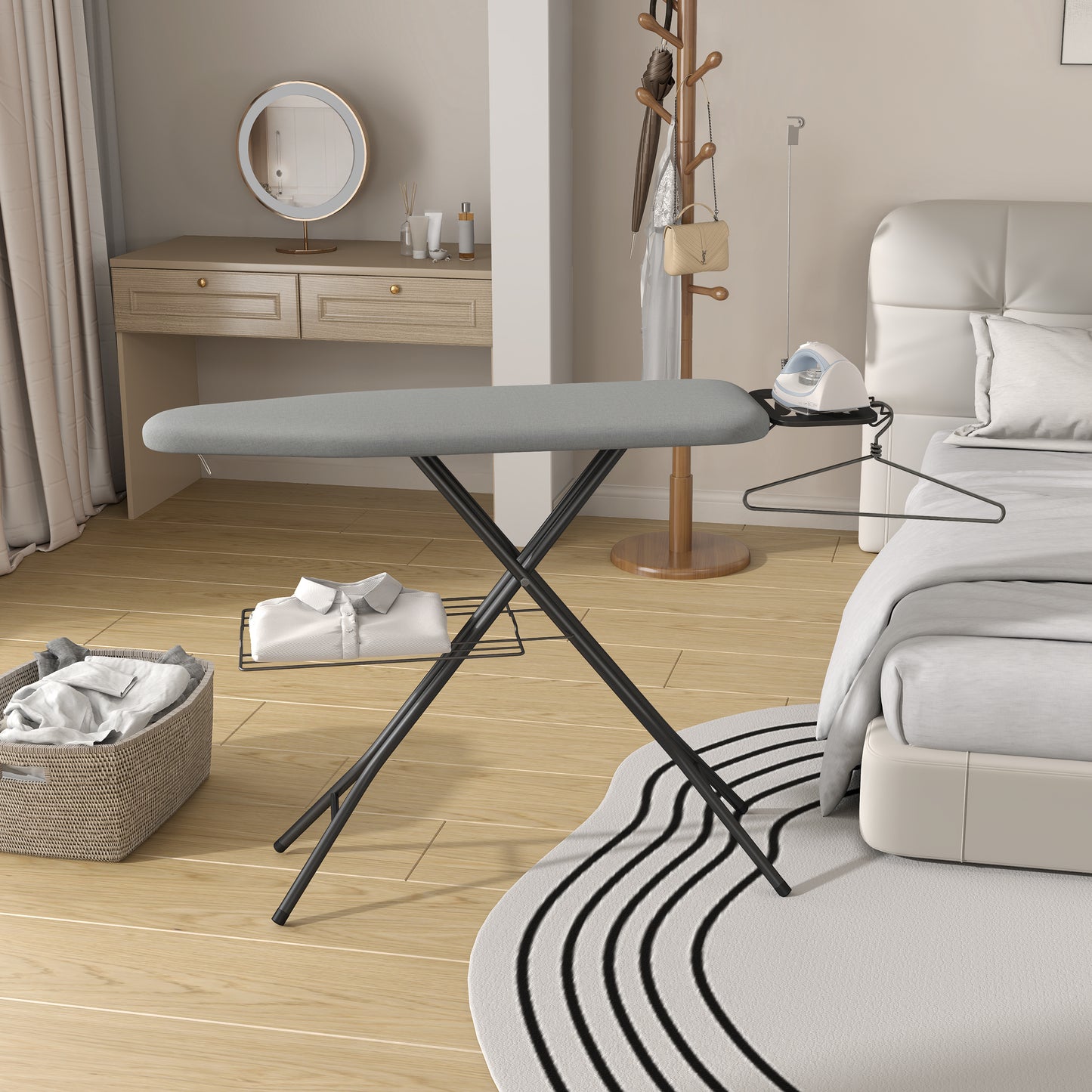 Costoffs Full Size Ironing Board with Clothes Rack Foldable & Height-adjustable Iron Table with Cord Holder/4 Legs/4-layer Pad for Laundry/Living Room/Dormitory, Beige/Gray