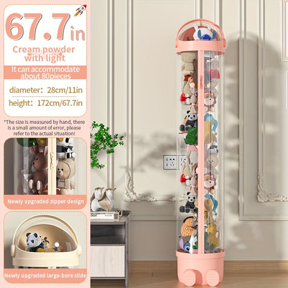 Transparent Cylindrical Doll Storage Bin with Zipper - Children's Plush And Dolls Storage Organizer for Home Use, Easy to Assemble, Suitable for Living Rooms, Bedrooms, Storage Rooms, Etc