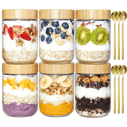 4/6 Packs Overnight Oats Containers with Bamboo Lids, Glass Jars with Airtight Lids for Meal Prep, Wide Mouth Mason Salad Jars, Glass Food Storage Container for Yogurt Chia Snacks Spice Sugar