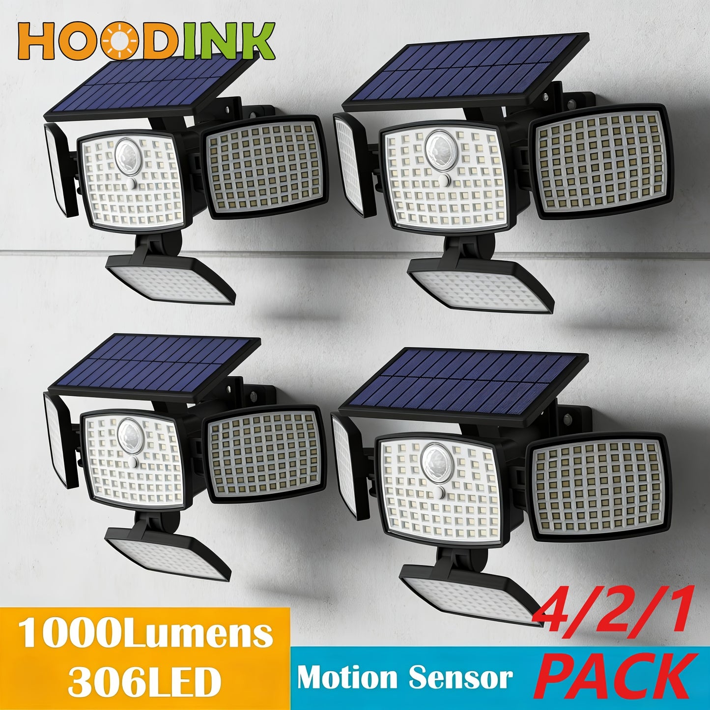 4/2/1 PACK 4 Head Solar Light Outdoor with Motion Sensor 306LED, 1000LM Solar Lights Outdoor with Remote Control, 270° Wide Angle Street Area Lights, 3 Adjustable Modes, IP65 Waterproof Solar Flood Light for Garden, Backyard, Garage, Wall, Yard Decor