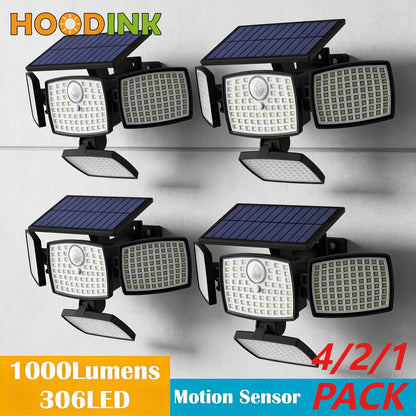 4/2/1 PACK 4 Head Solar Light Outdoor with Motion Sensor 306LED, 1000LM Solar Lights Outdoor with Remote Control, 270° Wide Angle Street Area Lights, 3 Adjustable Modes, IP65 Waterproof Solar Flood Light for Garden, Backyard, Garage, Wall, Yard Decor
