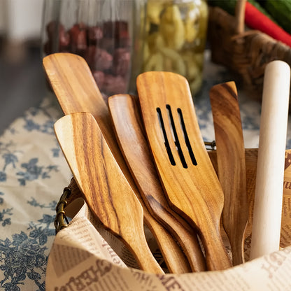 Premium Teak Wooden Kitchen Utensils: 5pcs Of Slotted Spurtles, Spatulas, And Spoons for Nonstick Cookware - Heat Resistant, Non-Stick