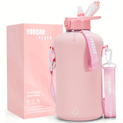 YOUCAN PLATO 74oz Half Gallon Water Bottle with Sleeve-Large Water Bottle -Big Gym Water Bottle with Straw- Gallon Water Jug with Handle and Bottle Brush-BPA Free- Leakproof, Workout Bottle