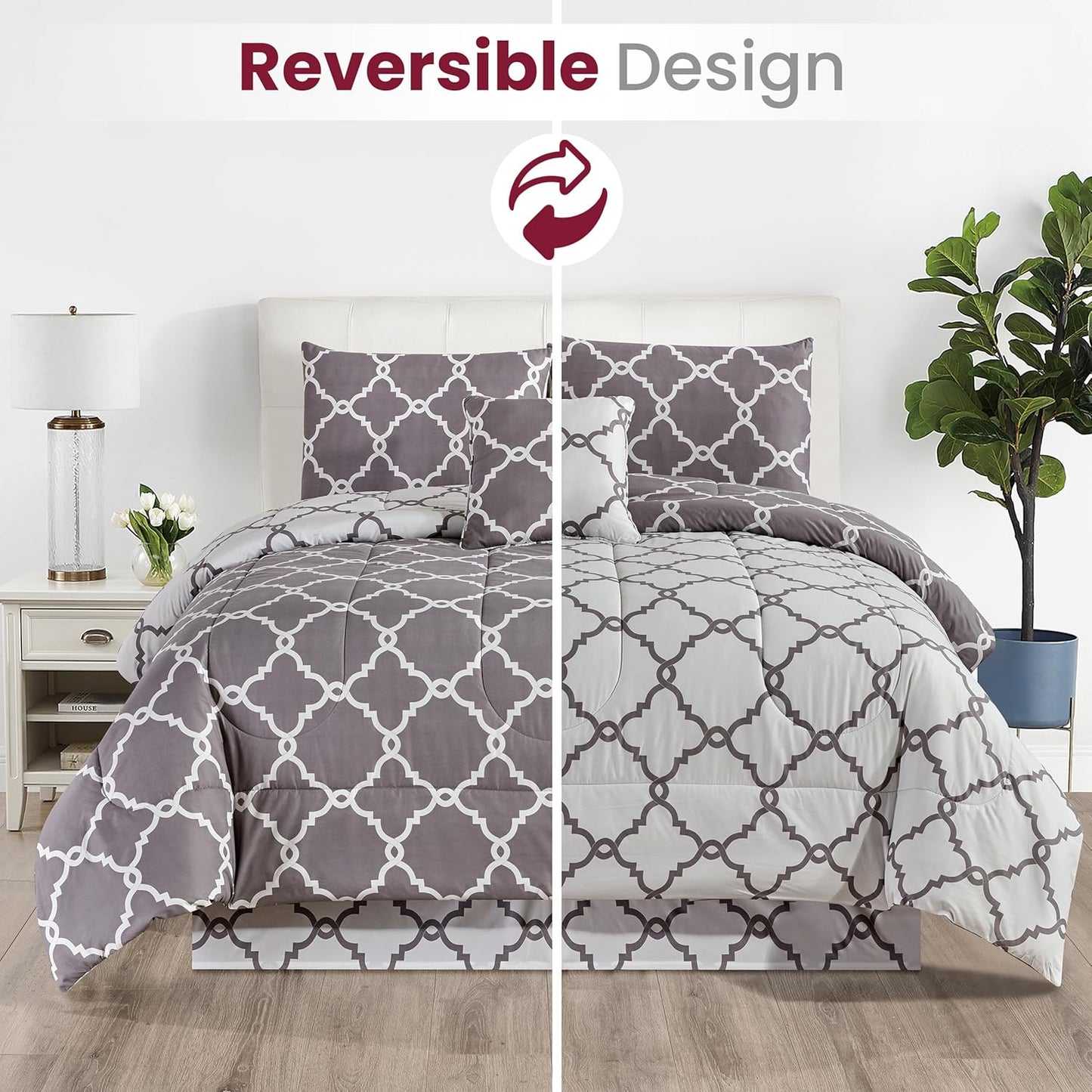 Lux Decor 5 Pieces Comforter Set - Reversible Duvet Insert - Quilted Comforter Smooth, Breathable & Machine Washable, Soft and Comfortable Bedding, Down Alternative Comforter Included 2 Pillow Shams, Bed Skirt, & Cushion - All Season Gift Choice