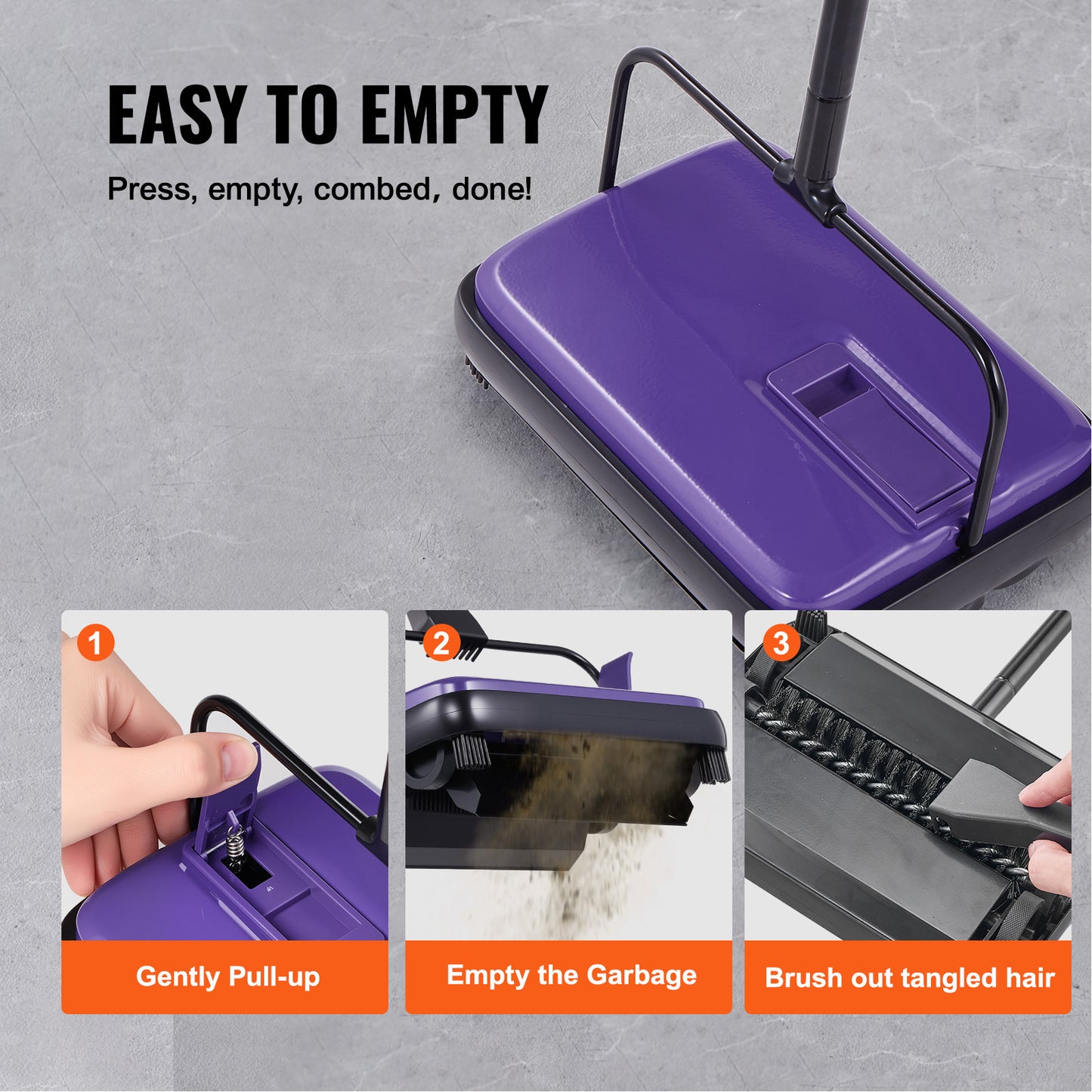 VEVOR Carpet Sweeper Manual, Floor Sweeper with 300 ml Dustbin Capacity Easy to Empty, 6.7 inch Cleaning Width for Home Office Carpets Pet Hair Dust, Purple/Red/Blue