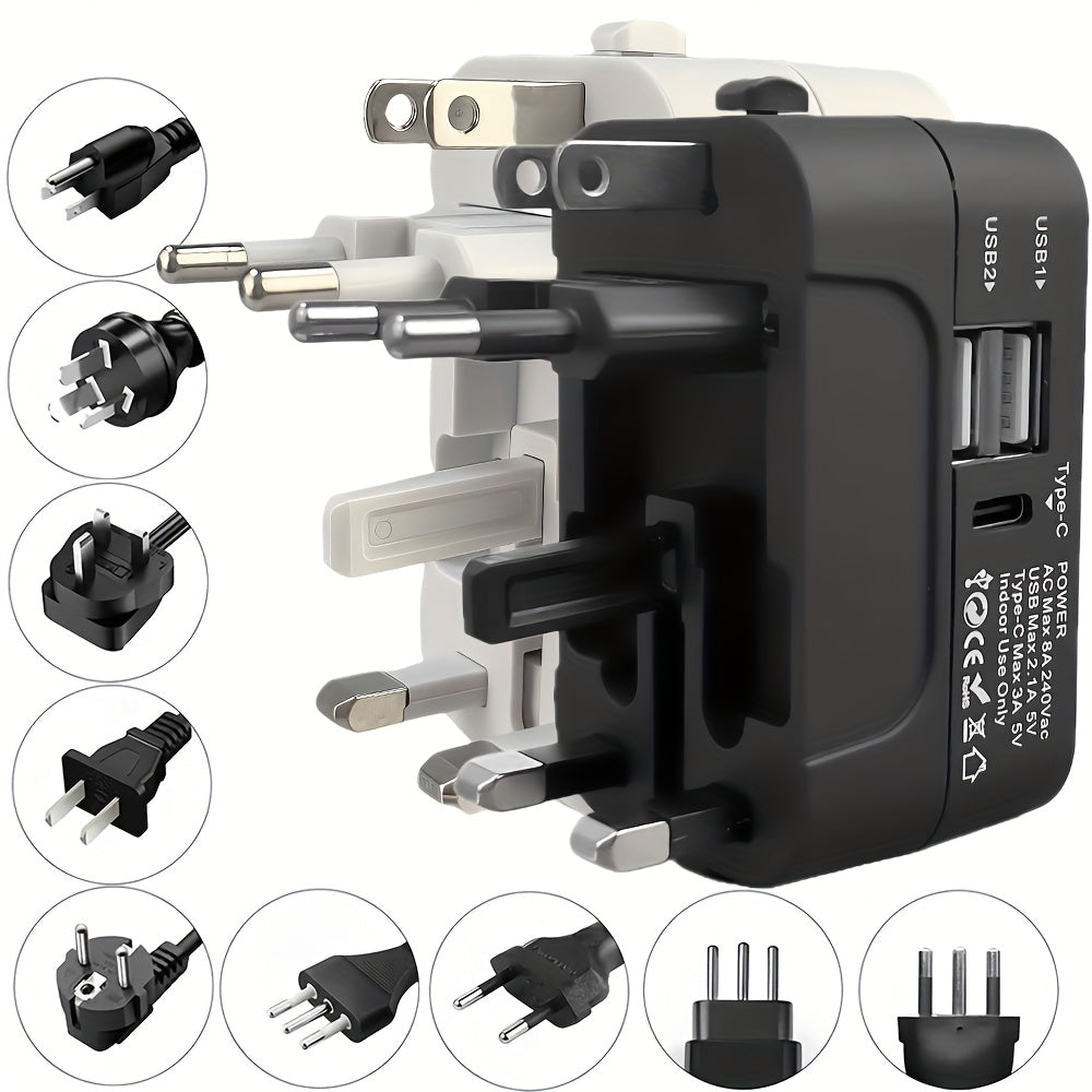 Universal Travel Adapter with Surge Protection - 2 USB & Type-C Ports, All-in-One International Plug for 350+ Countries, 100-240V Input, Fast Charging, Compact Lightweight Design, White & Black