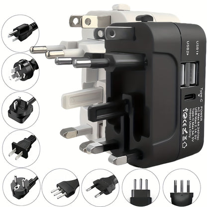 Universal Travel Adapter with Surge Protection - 2 USB & Type-C Ports, All-in-One International Plug for 350+ Countries, 100-240V Input, Fast Charging, Compact Lightweight Design, White & Black