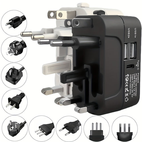 Universal Travel Adapter with Surge Protection - 2 USB & Type-C Ports, All-in-One International Plug for 350+ Countries, 100-240V Input, Fast Charging, Compact Lightweight Design, White & Black