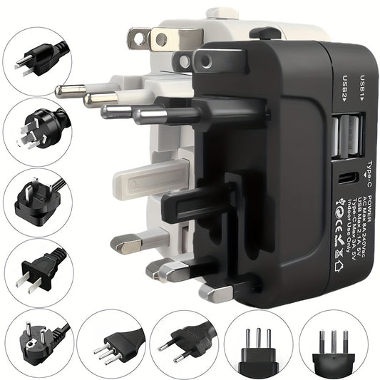 Universal Travel Adapter with Surge Protection - 2 USB & Type-C Ports, All-in-One International Plug for 350+ Countries, 100-240V Input, Fast Charging, Compact Lightweight Design, White & Black
