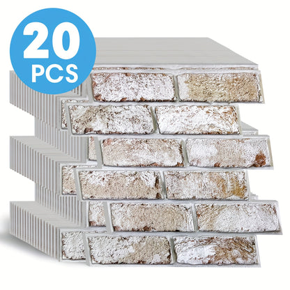 20pcs Pack Self-Adhesive PVC Faux Brick Wall Panels - Realistic 3D Textured Peel and Stick Panels Suitable for Fireplace Surround, Kitchen Backsplash, DIY Brick Installation