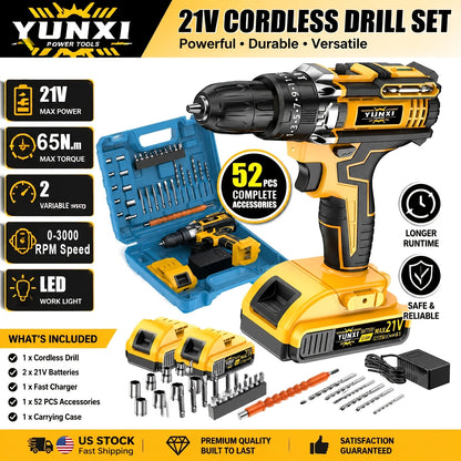 21V Cordless Impact Drill Set (2.0AH Battery and Fast Charging), Optional Drill Set and Storage Box, Equipped with Drill and Electric Screwdriver, with Work Light, Speed and Torque Adjustment - Suitable for Car and Home Maintenance | Men's Gift