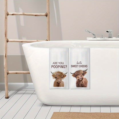 2pcs Hello Sweet Cheeks Highland Cow Hand Towels, Cow Bathroom Decor, Funny Farmhouse Highland Cattle Hand Towels for Bathroom Toilet Washroom, 16x24 Inches Set of 2