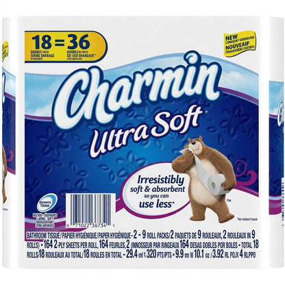 Charmin Ultra Soft Toilet Paper Mega Roll - 2-Ply 200 Sheets per Roll, Soft & Strong Bath Tissue, Available in Mega, Double, 16ct, 30ct, 328ct Bulk Pack Options for Home, Office & Commercial Use
