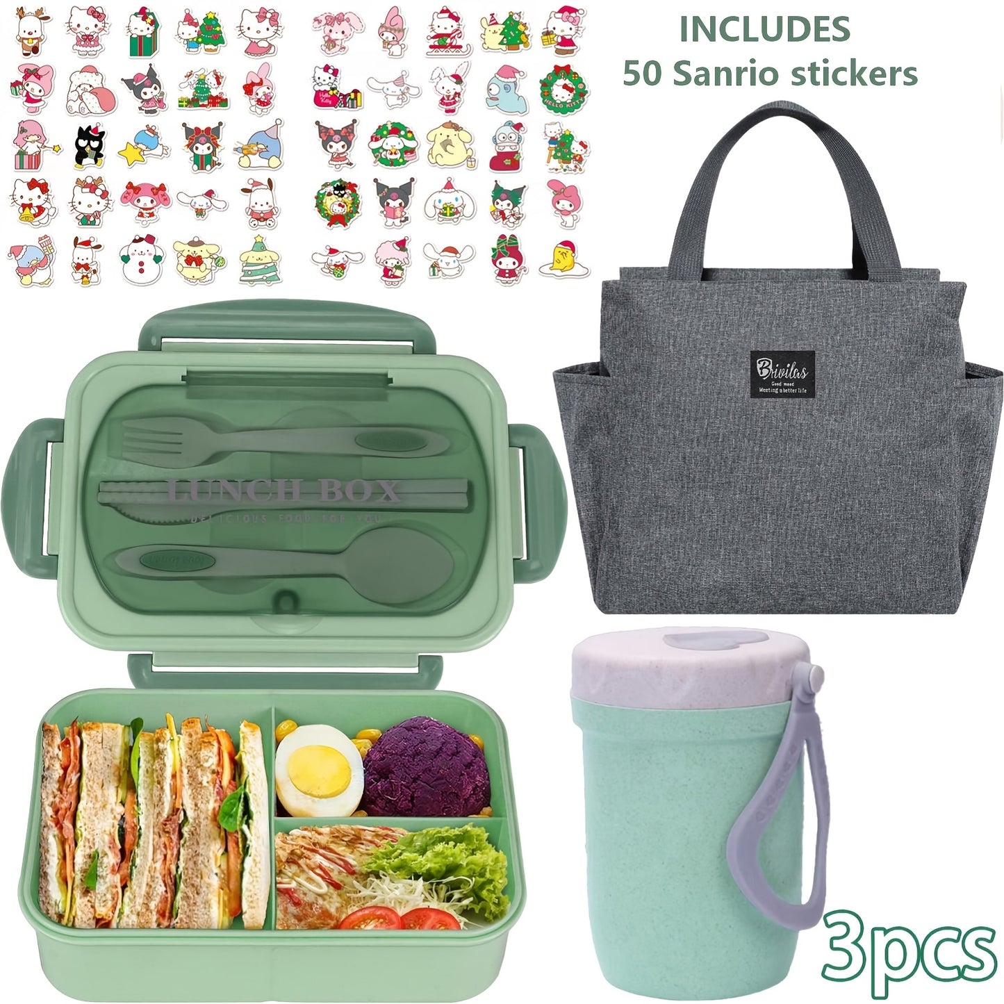 51pcs/53pcs Sanrio Lunch Box Set | Thermal Bag, Breakfast Cup, Portable Sealed Compartment Bento Box, 40.58Oz Capacity, Microwave And Dishwasher Safe, Ideal For Work, Picnics, And Back To School