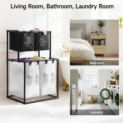 2 Compartment Laundry Hamper (No Wheels) - 2 Tier Laundry Sorter With Handles - Sturdy Metal Frame & Breathable Mesh Bags - Space Saving Clothes Organizer For Home, Apartment, Add 10 Cable Ties For Securing, Laundry Baskets