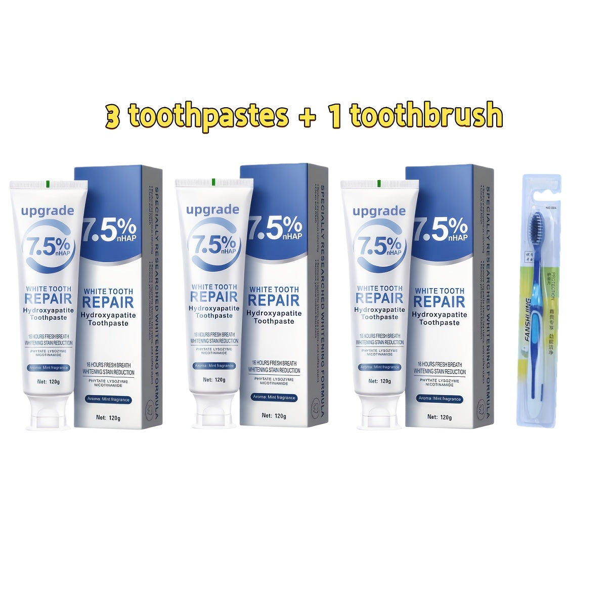 3pcs Of Hydroxyapatite Toothpaste, 7.5% Nano Toothpaste, Comes with A Toothbrush, Whitens Teeth, Freshens Breath, Ideal Gift for Women, Suitable for Home And Travel Use, Oral Care, Local Warehouse