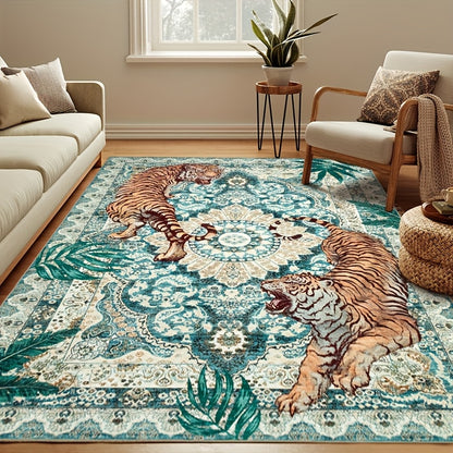A Regional Area Rug with a Tiger Design Inspired by Jungle Forests, This Washable Carpet Is Perfect for Living Rooms And Bedrooms. It Features a Non-Slip Surface And Is Ultra-Thin, Making It Suitable for Home Offices And Indoor Decoration