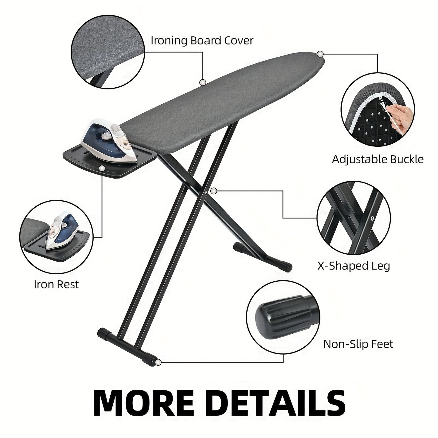 Full-Sized Ironing Board, Lightweight Design with an Rest, Featuring a Thick Heat-Resistant Cover with Padding, Adjustable Height, And Sturdy Anti-Skid Metal Legs, Measuring 43X13 in Black