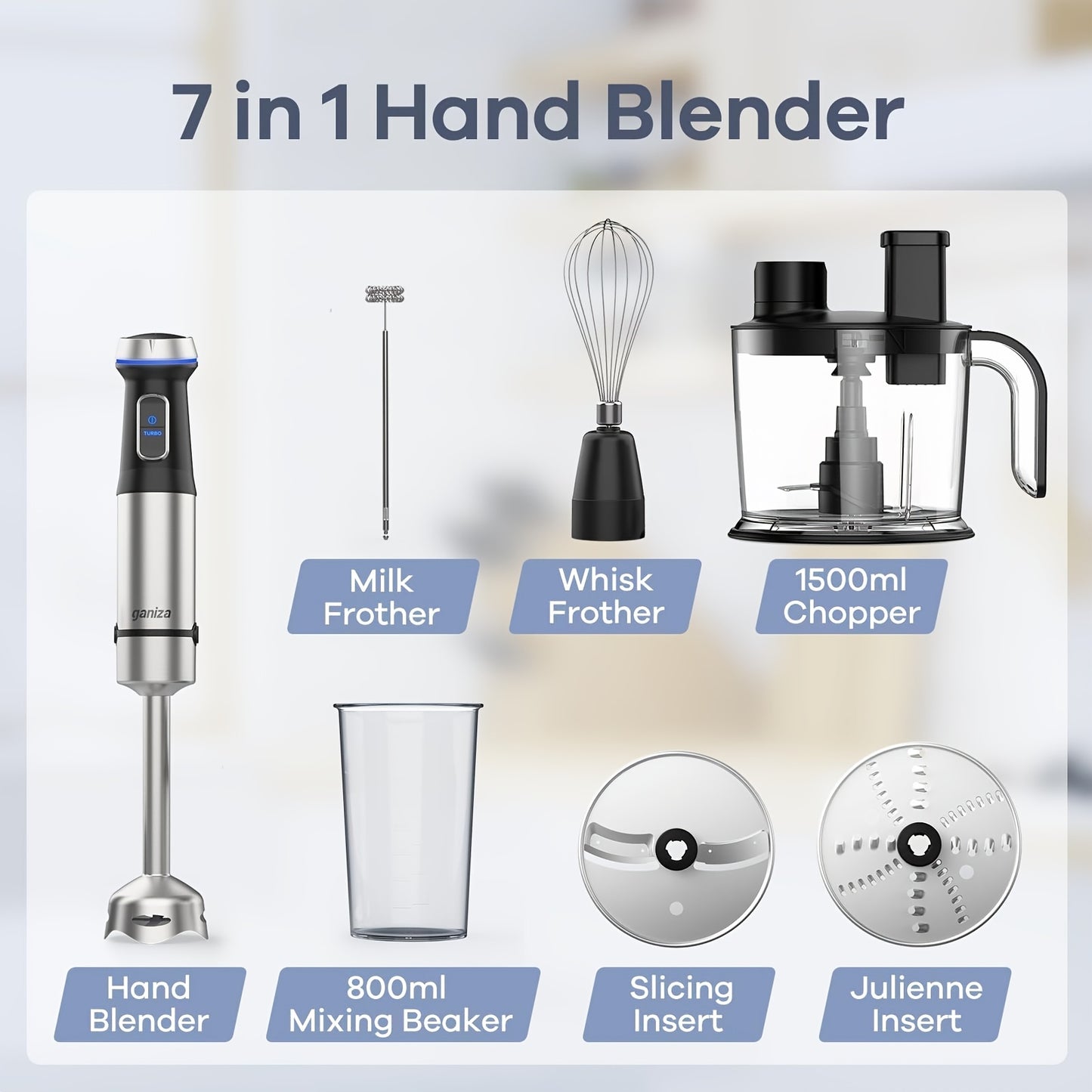 Ganiza Handheld Immersion Blender, 7-in-1 Hand Blender, 15 Variable Speed And Turbo Modes Emulsifying Blender Stainless Steel Stick Blender With 50.72oz Food Processor And 6 Other Pieces, Meat Chopper, Christmas Gifts