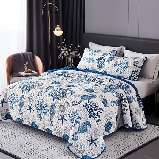 3pcs Fresh Ocean Style Quilt Cover Set, Featuring Seahorse And Coral Pattern Printing, Includes 1 Bedspread And 2 Pillowcases, Machine Washable, Suitable for All Seasons, Soft, Breathable, And Comfortable Bedding Set for Bedroom Or Dorm Decoration.