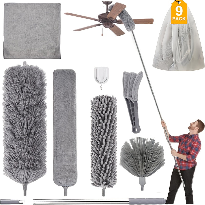 9/12pcs Microfiber Duster Kit for High Ceiling, Extendable Dusters for Cleaning with 100" Extension Pole, Washable and Retractable Long Feather Duster for Home Car Furniture Cobweb, Blinds, House Cleaning Tool Kit
