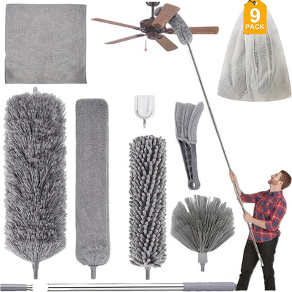 9/12pcs Microfiber Duster Kit for High Ceiling, Extendable Dusters for Cleaning with 100" Extension Pole, Washable and Retractable Long Feather Duster for Home Car Furniture Cobweb, Blinds, House Cleaning Tool Kit