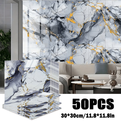 Self-Adhesive Marble Tile Stickers 11.8x11.8in Peel and Stick Wall Tiles for Bathroom Kitchen Backsplash – Waterproof 3D Glossy Imitation Marble Wall Panel, Easy to Install, 50 or 100 Pack