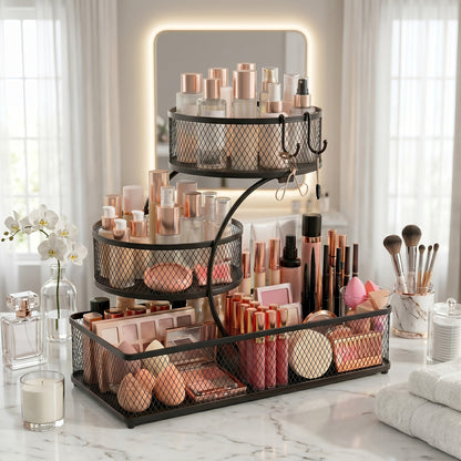 3-Tier Metal Bathroom Storage Rack, Includes A Spray Bottle | Hooks - Space-Saving Countertop Organizer for Cosmetics, Skincare, And Toiletries | Rust-Resistant Diamond Mesh Design | Sturdy And Durable, Suitable for Vanities, Bathrooms, Wardrobes
